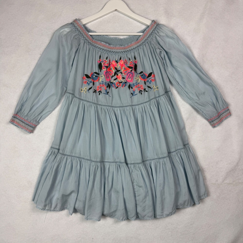 Free People Blue Embroidered Smocked Off Shoulder Tiered Dress‎ Size Small